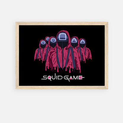 Squid Game Soldiers framed poster featuring iconic pink-clad guards with geometric masks on a black background.