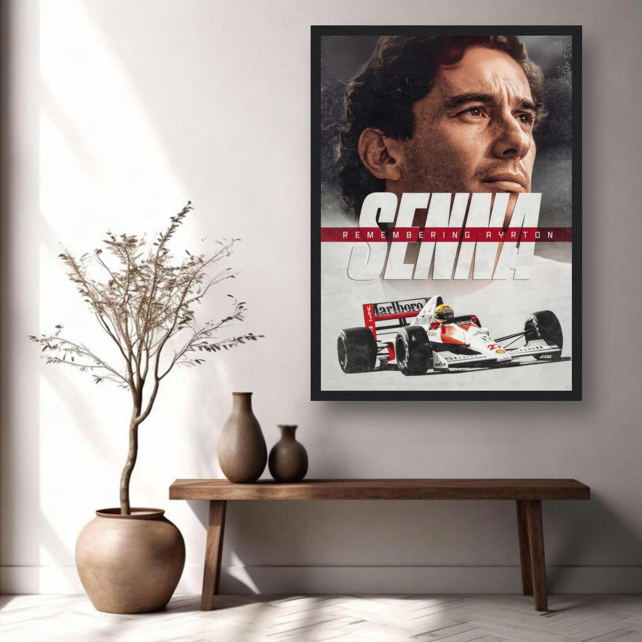 Framed Ayrton Senna art print showcasing the racing legend against a stylish background, perfect for motorsport enthusiasts.