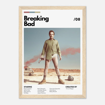 Retro Breaking Bad framed poster featuring Walter White in desert attire with a revolver, stylish wall art for fans.