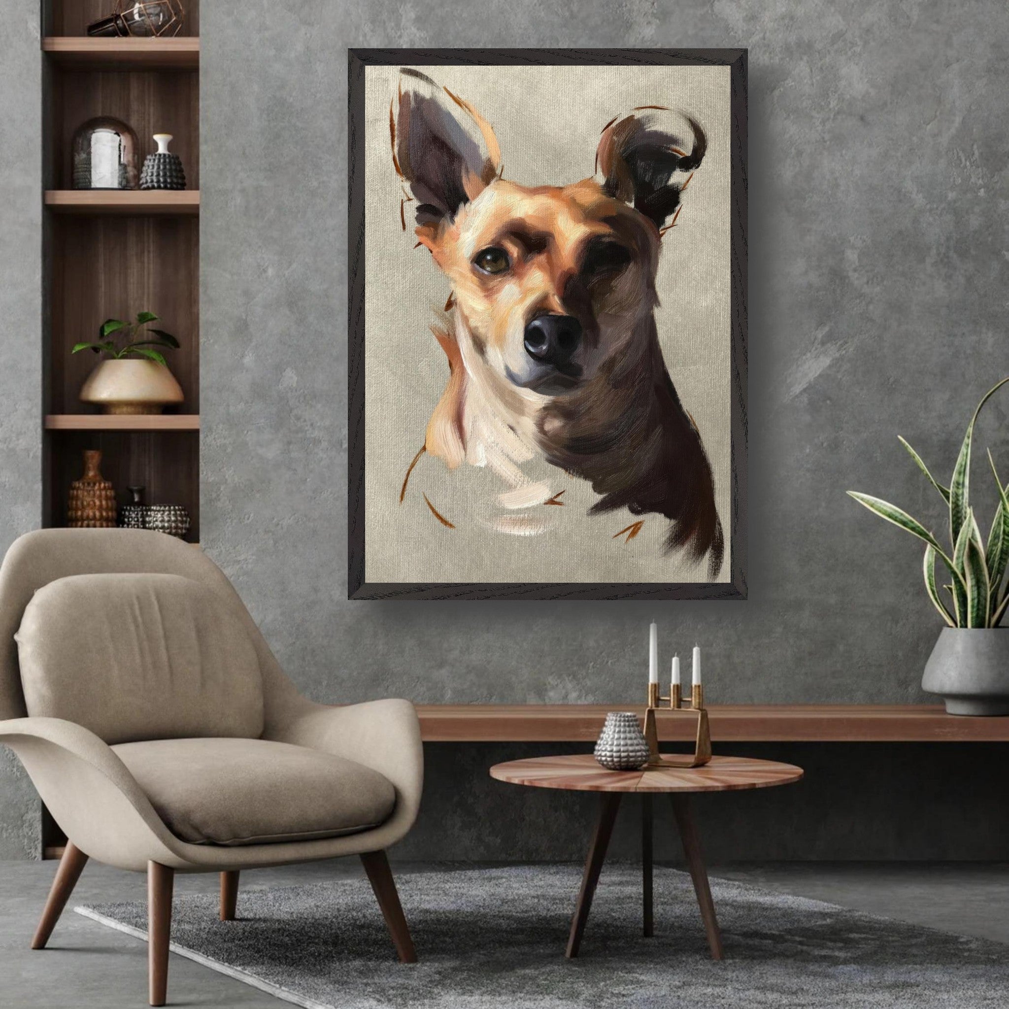 Chihuahua dog painting in a stylish living room, showcasing lifelike details and warm colors, perfect for any decor.