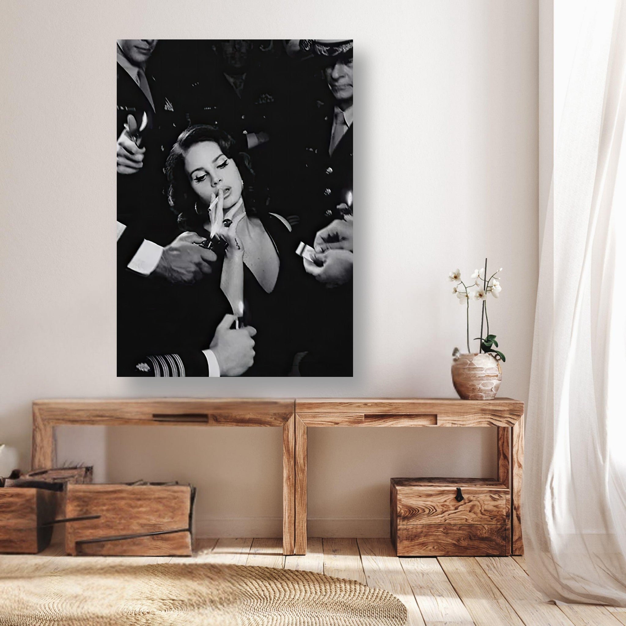 Lana Del Ray Smoking Poster in a stylish living room setting, showcasing elegant black-and-white art.