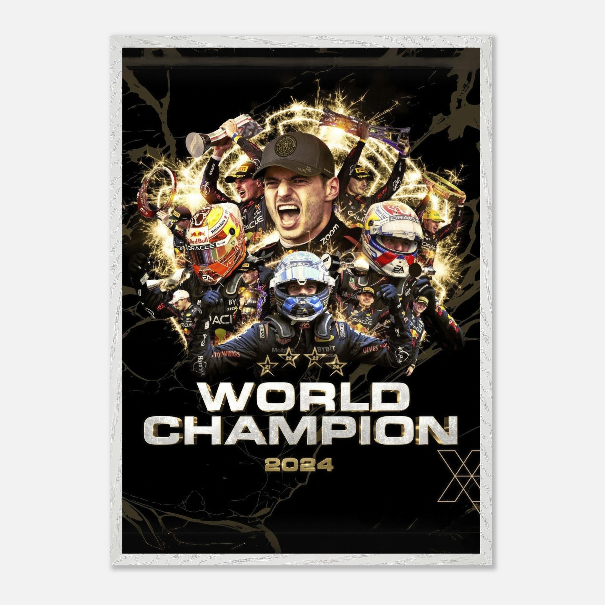 Max Verstappen 2024 F1 World Champion fine art print, featuring vibrant imagery and celebratory design elements.