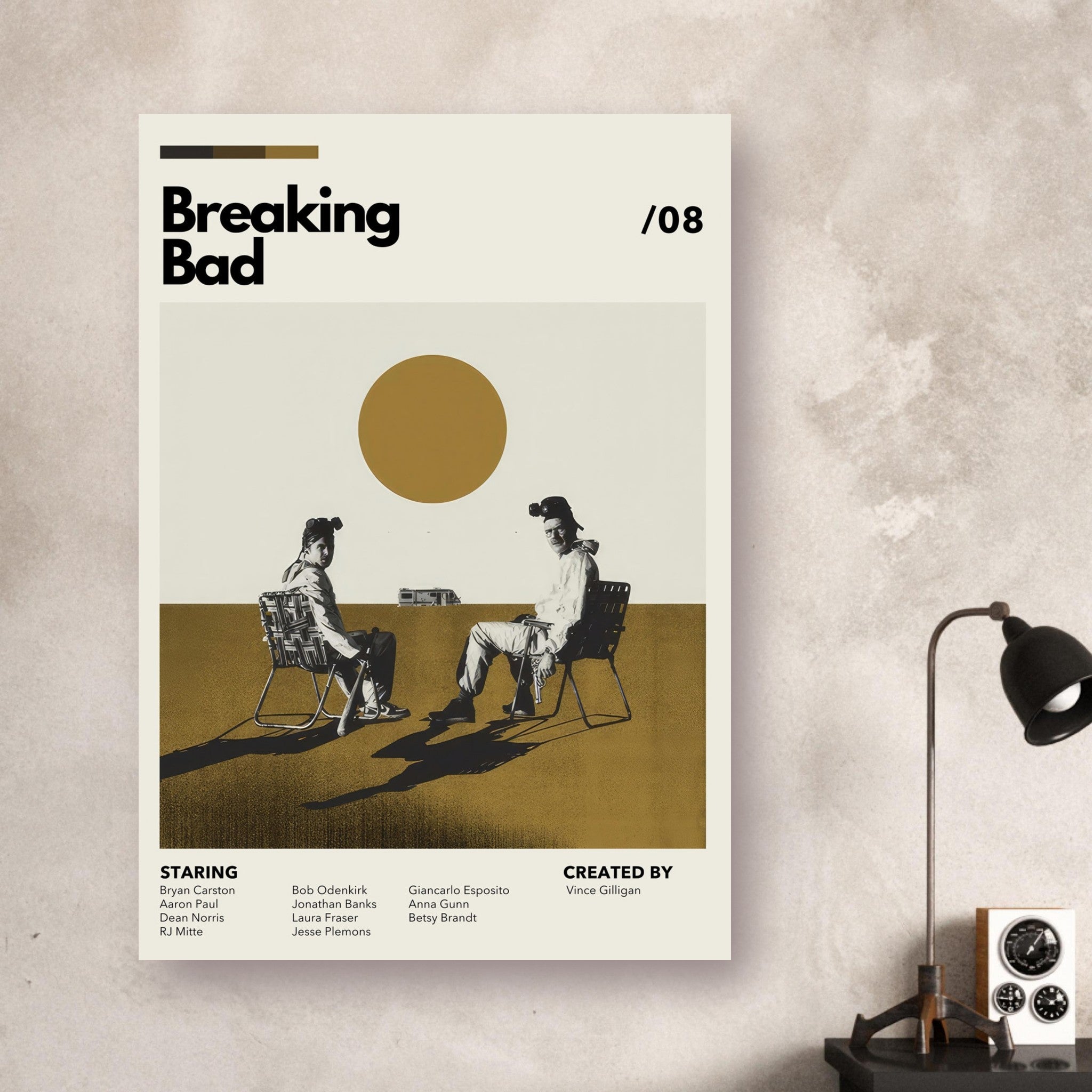 Vintage Breaking Bad poster featuring Walter White and Jesse Pinkman in a minimalist desert scene.