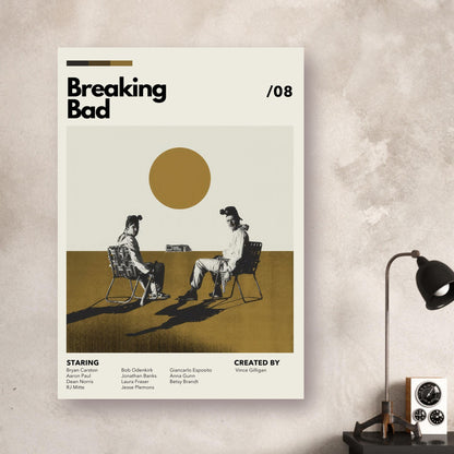 Vintage Breaking Bad poster featuring Walter White and Jesse Pinkman in a minimalist desert scene.