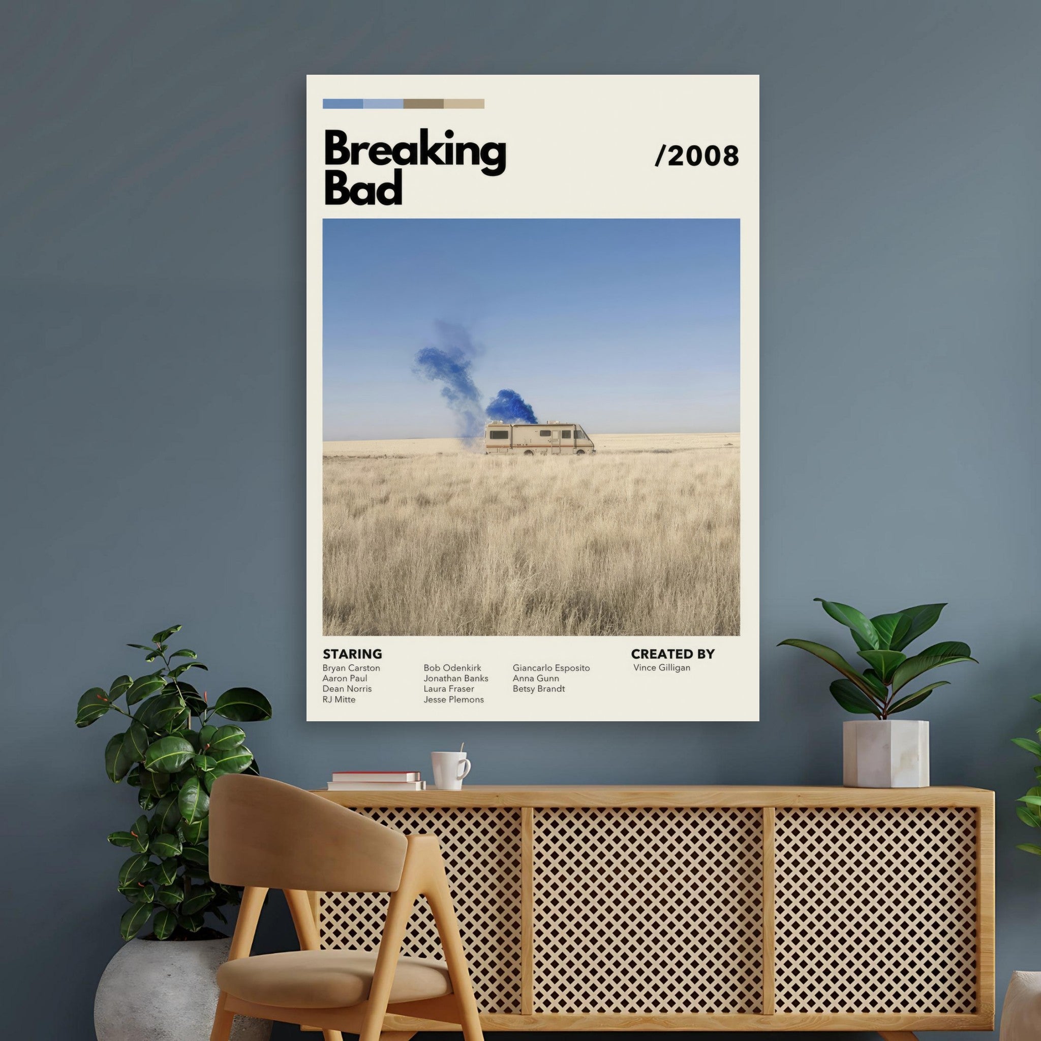 Breaking Bad vintage poster featuring iconic RV and blue smoke in a desert landscape, perfect for TV show fans.