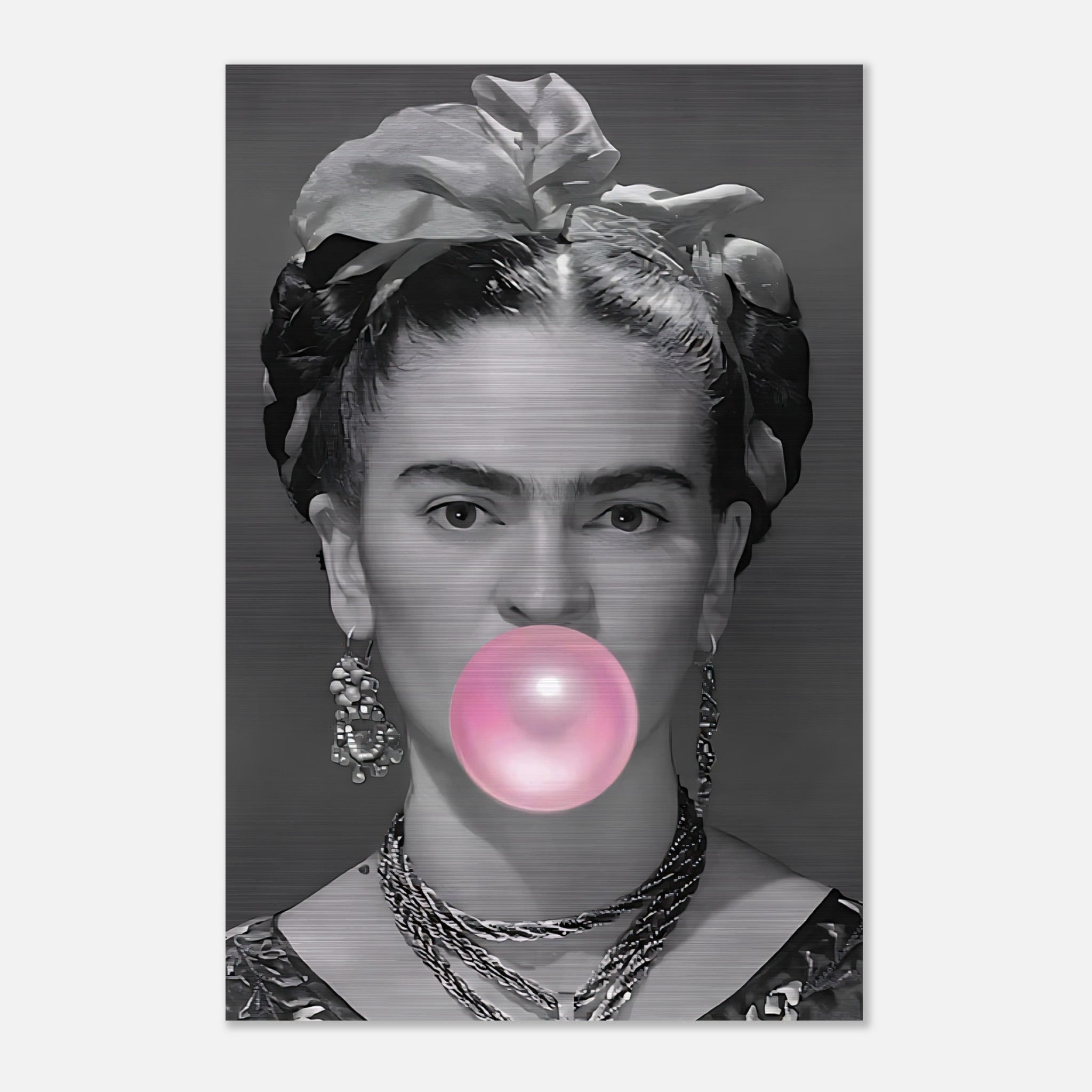 Frida Kahlo portrait with pink bubble gum on brushed metal, blending classic art with contemporary style.