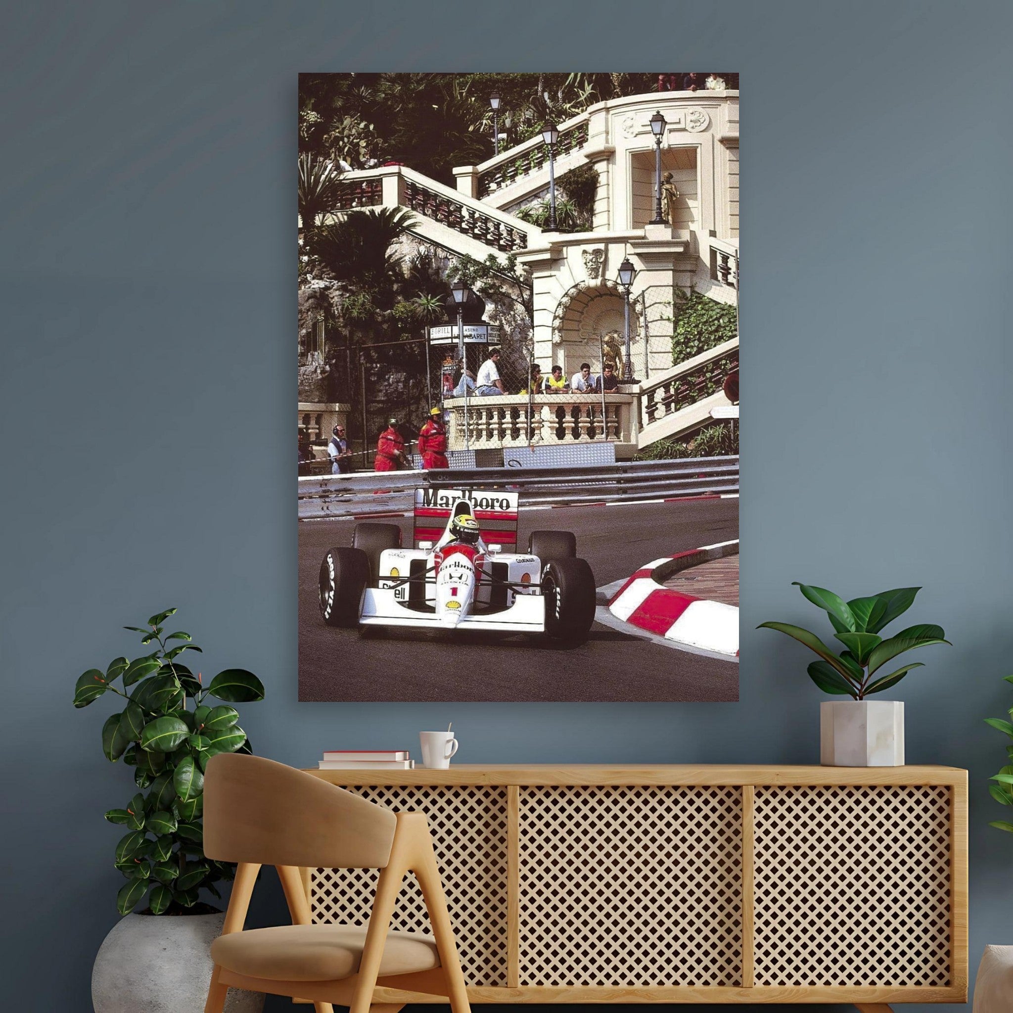 Ayrton Senna Monaco poster displayed in modern interior, showcasing vibrant colors and F1 action. Perfect for motorsport fans.