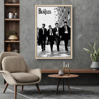 Framed canvas print of The Beatles walking in suits, perfect for music lovers and home decor.