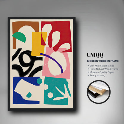 The Abstract Harmony framed print with bold geometric shapes and vibrant colors in a modern wooden frame.