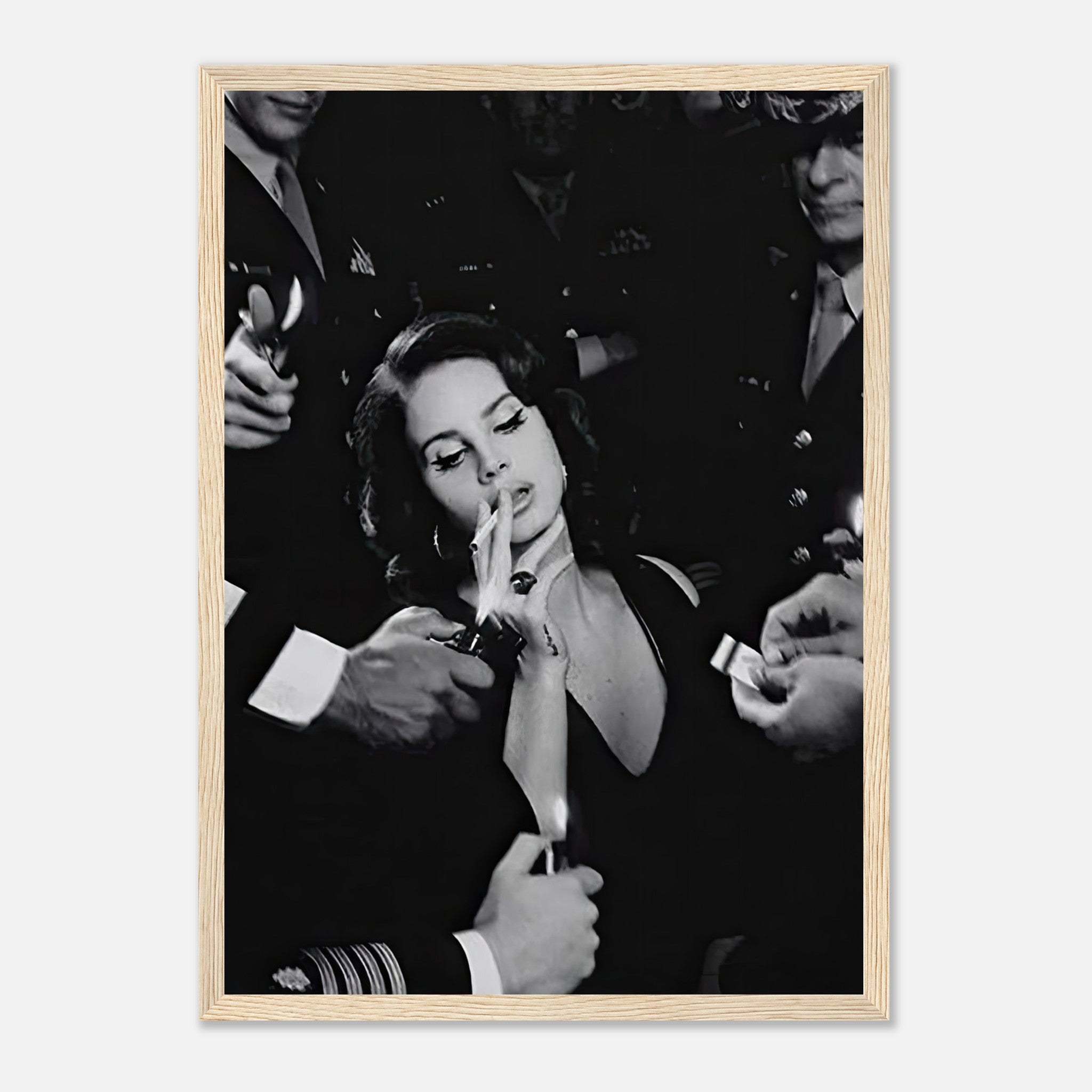 Lana Del Ray Smoking framed print featuring a vintage black-and-white image with a Hollywood allure.