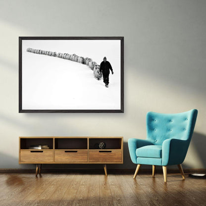 Framed black-and-white art of a shepherd guiding sheep through a snowy landscape, showcasing resilience and tradition.