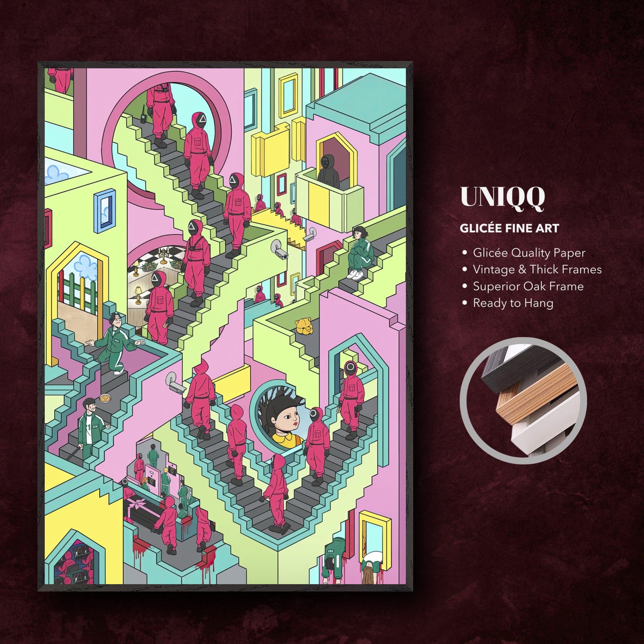 Squid Game Stairs fine art print, vibrant colors, intricate details, ready to hang, showcasing iconic staircases from the series.