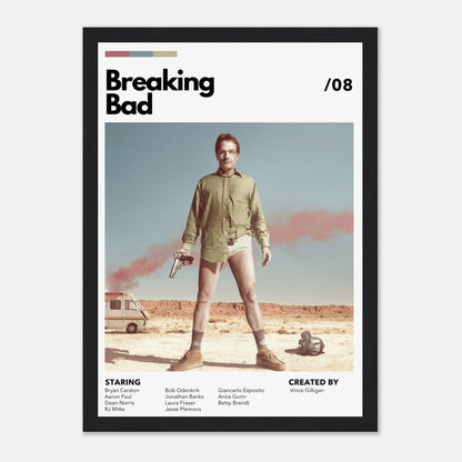 Retro Breaking Bad framed poster featuring Walter White in desert attire with a revolver, iconic TV show art.