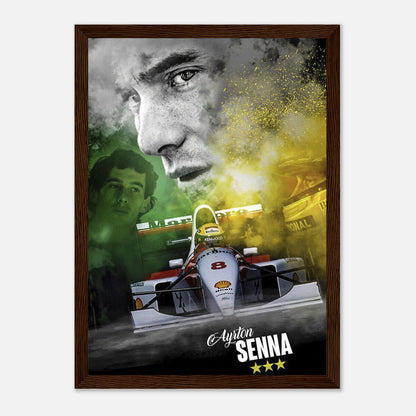 Ayrton Senna framed print featuring vibrant artwork of the iconic F1 driver and car in striking colors.