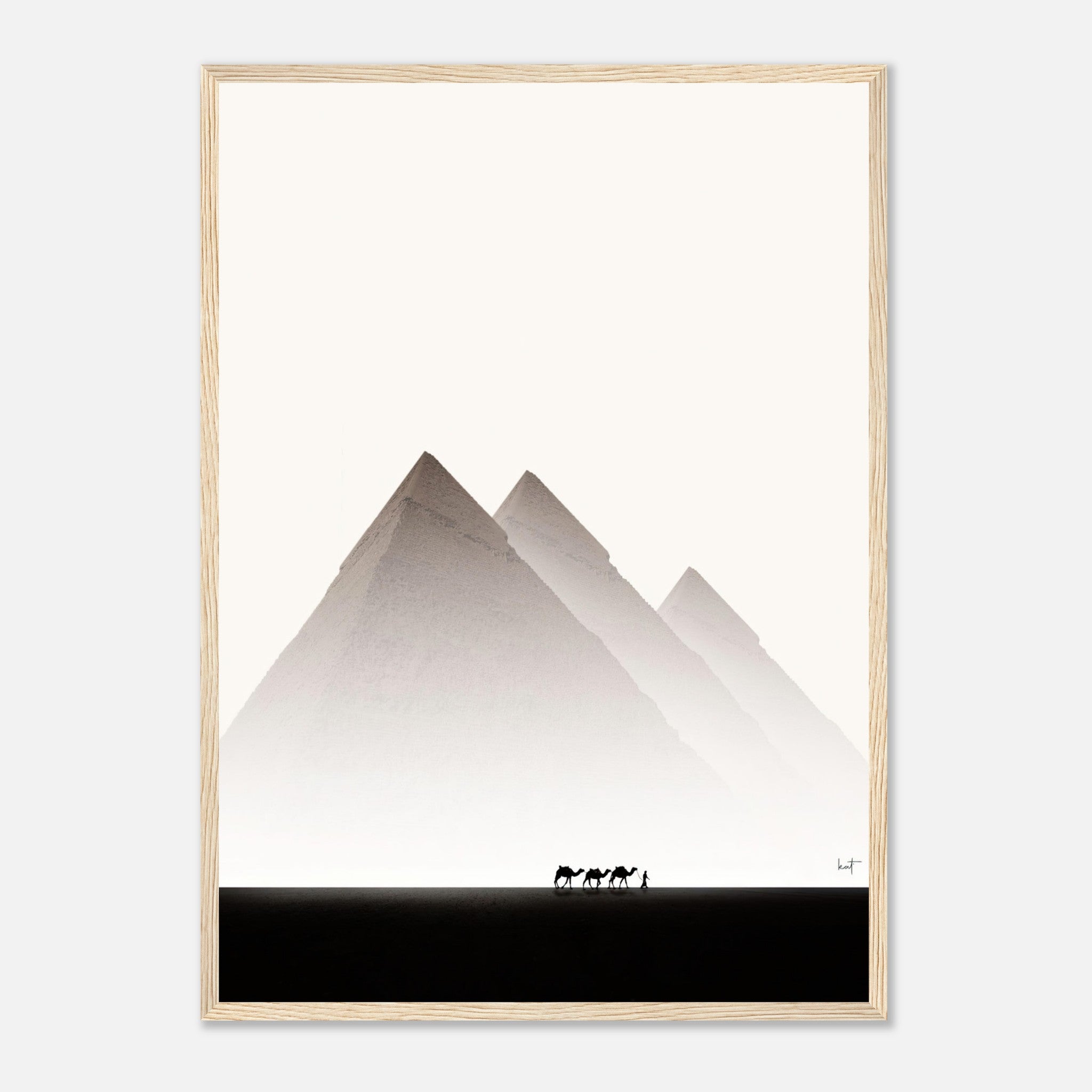 Framed print of the Pyramids of Giza with silhouettes of camels in the foreground, showcasing Egypt travel photography.