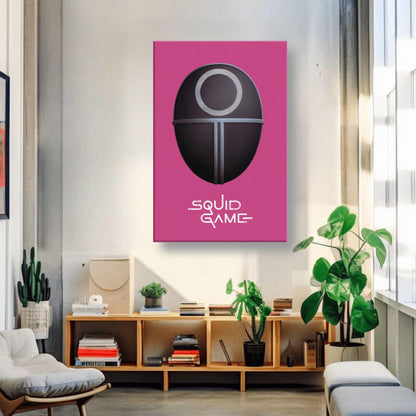 Squid Game Guard Mask canvas print on a wall, featuring a sleek design and bold pink background in a stylish living room setting.