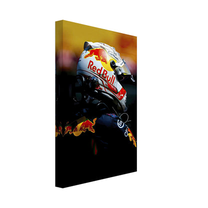 Max Verstappen canvas print showcasing Red Bull Racing gear, featuring vibrant colors and fine details.