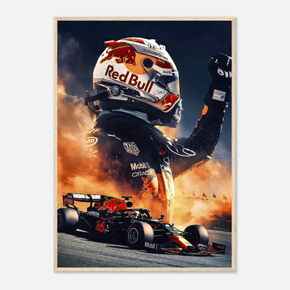 Max Verstappen Red Bull framed print showcasing racing intensity and vibrant colors in a dynamic design.