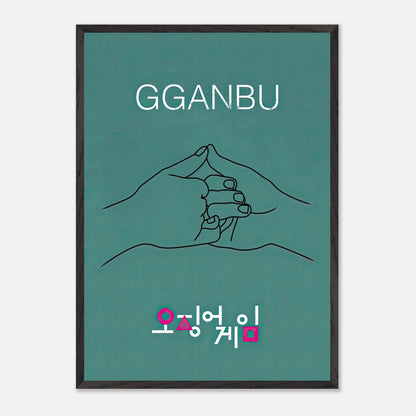 GGANBU Squid Game fine art print featuring two hands in a pinky promise on a deep teal background.