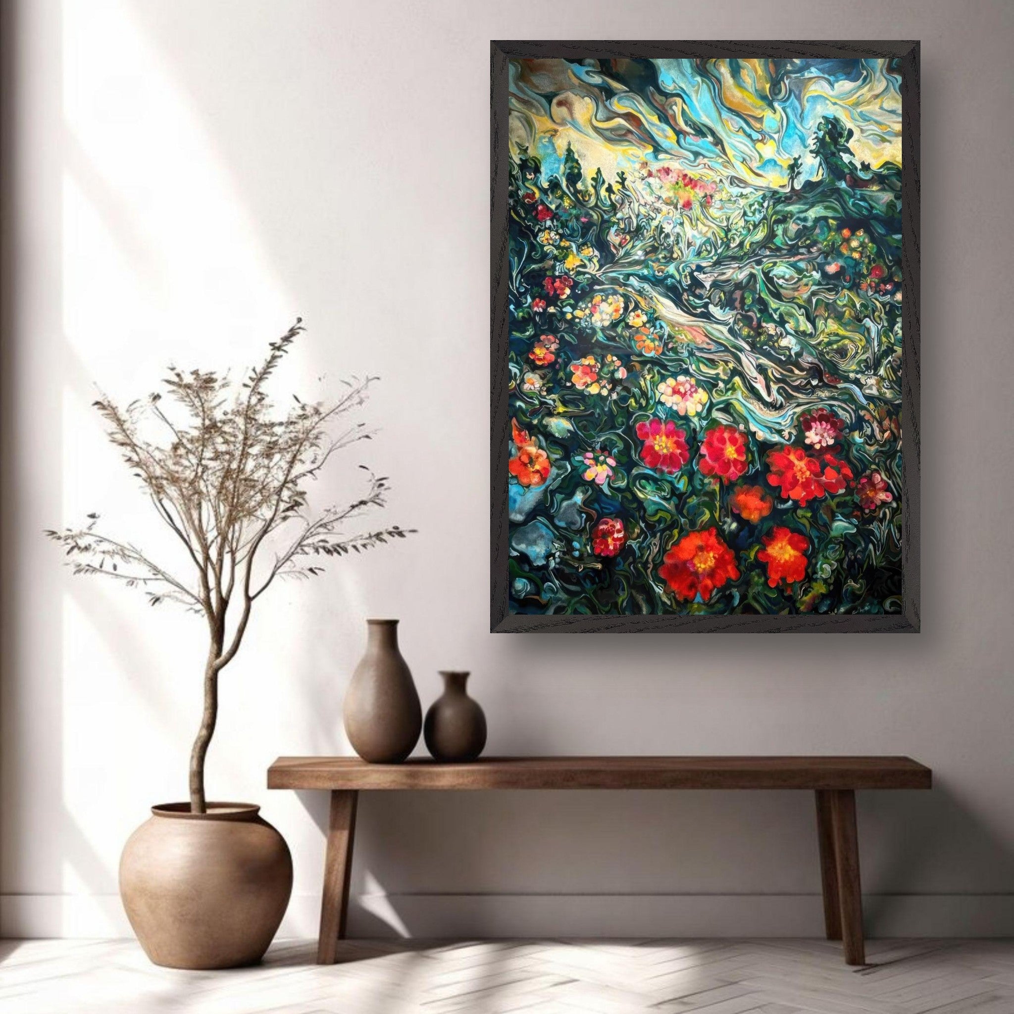 Abstract floral landscape painting displayed in a modern interior, featuring vibrant colors and fluid brushstrokes.