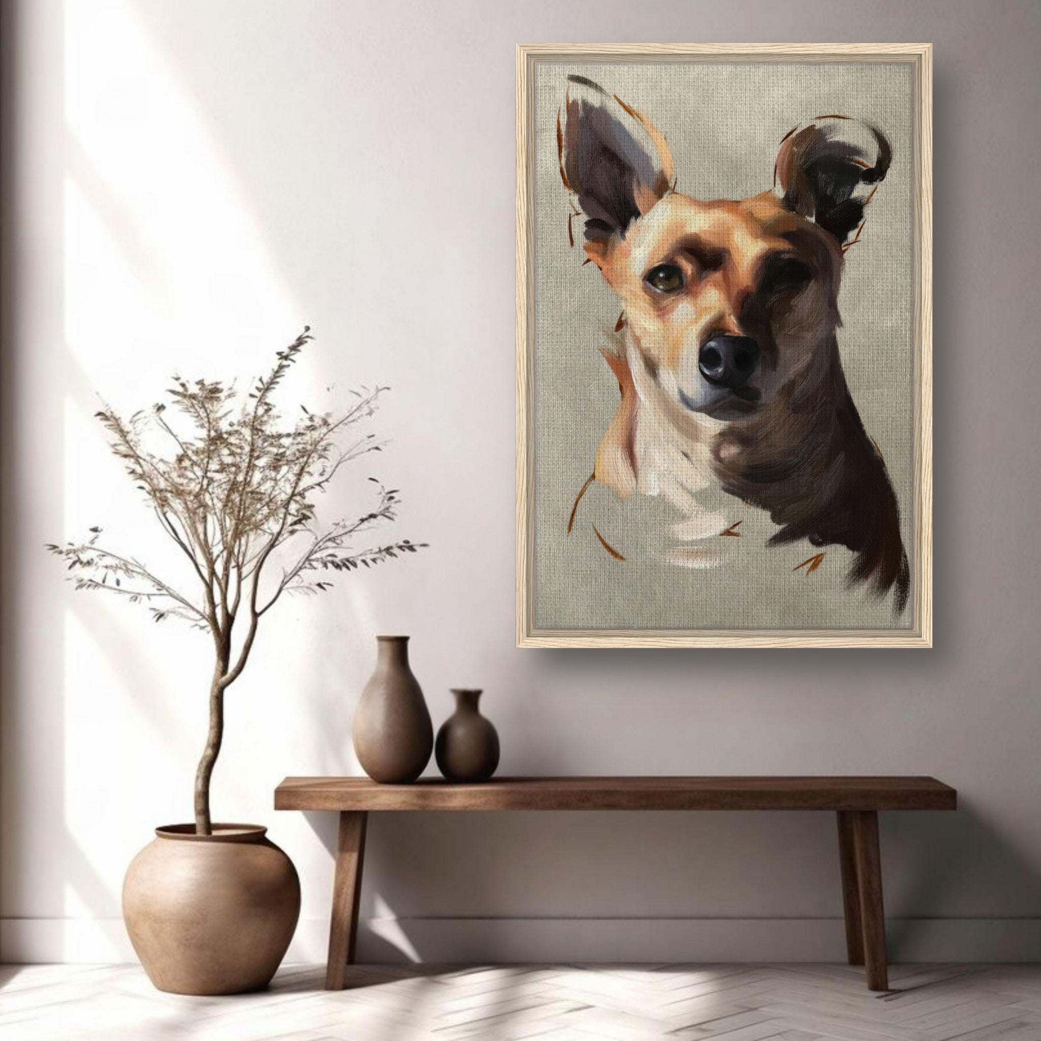 Chihuahua dog painting framed canvas print displayed in modern home decor setting.