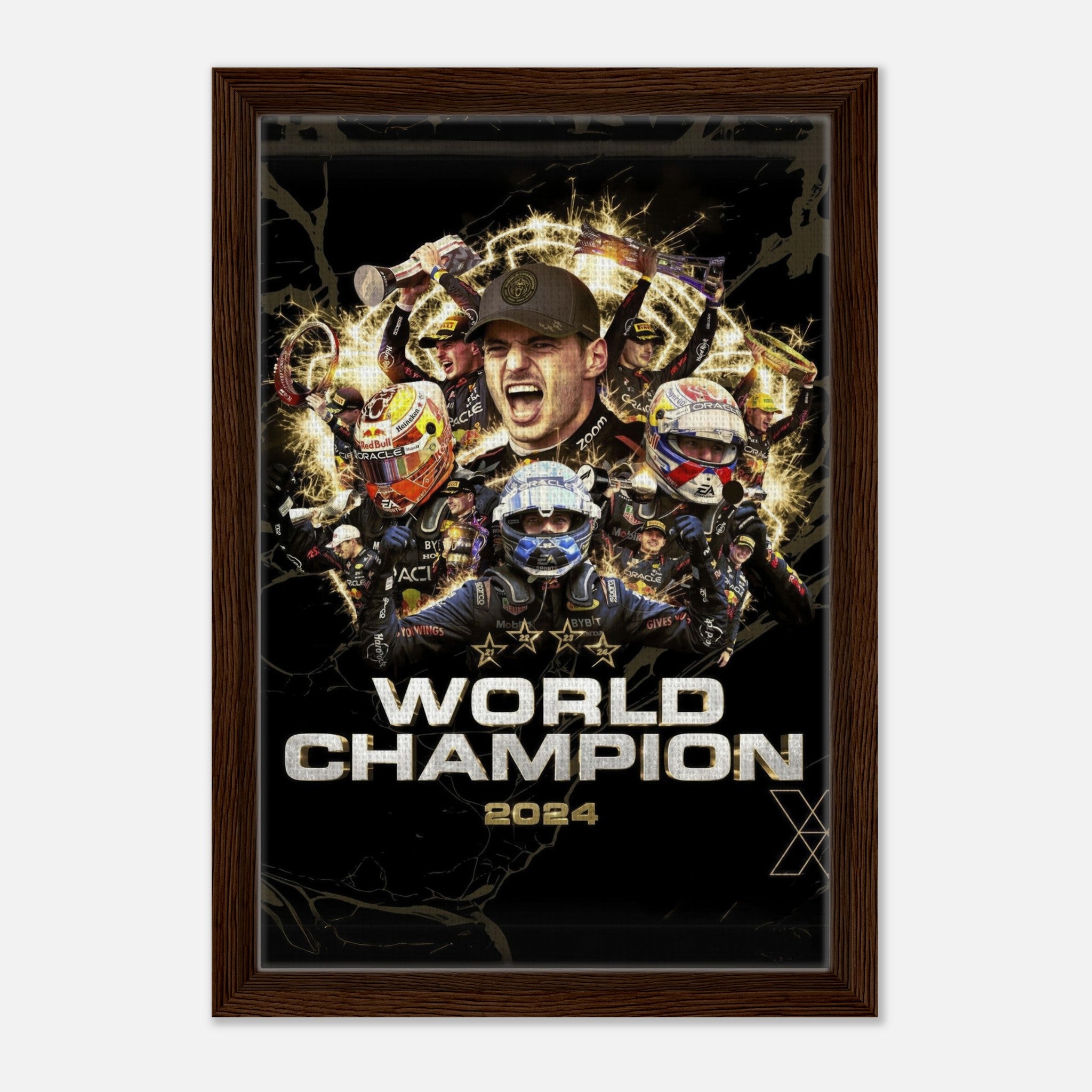 Framed canvas print celebrating Max Verstappen's 2024 F1 World Championship with vibrant artwork and dynamic design.