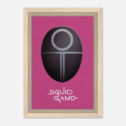 Squid Game Guard Mask Framed Canvas Print with bold magenta background, perfect for fans of the iconic series.