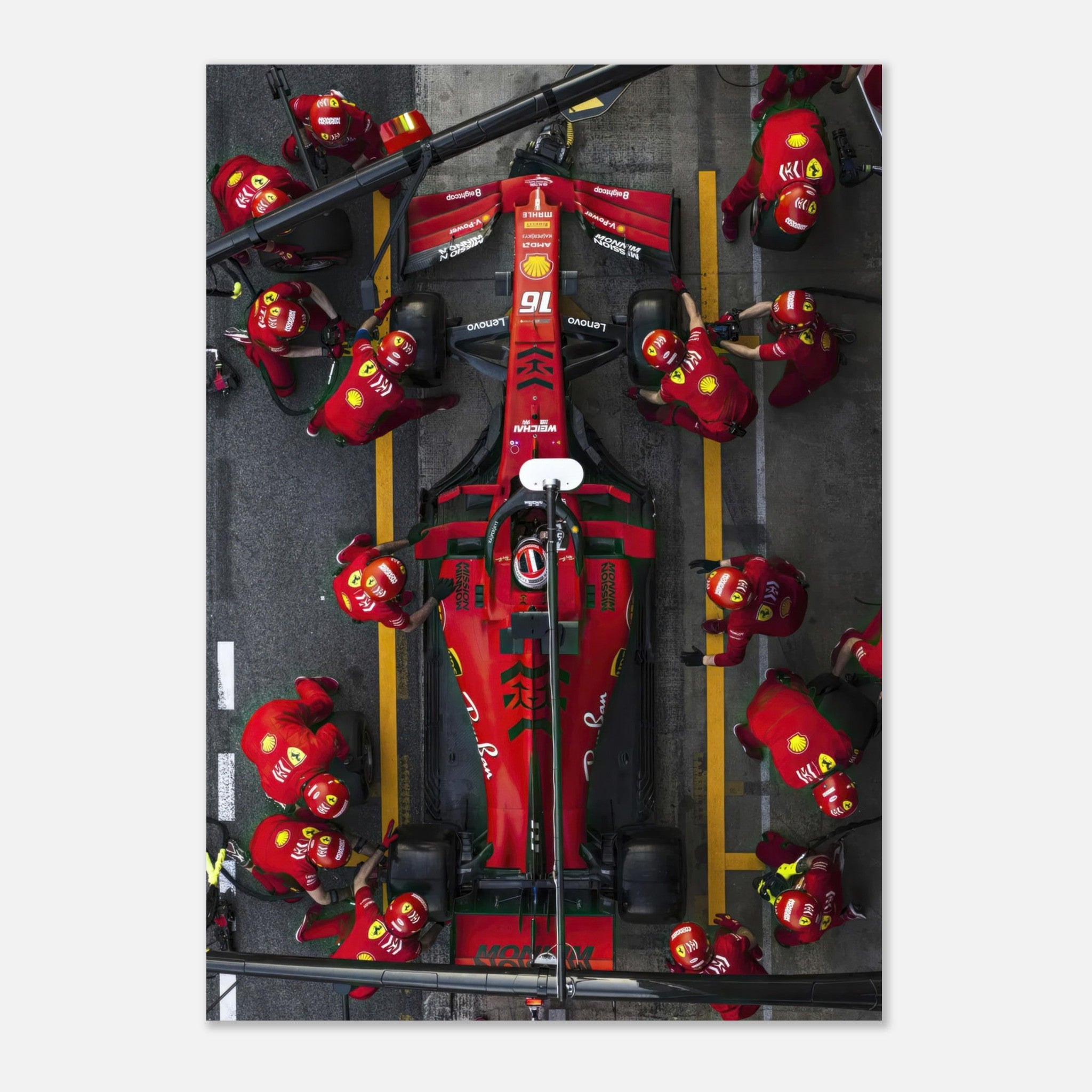 Ferrari Formula 1 pitstop action poster featuring team members servicing the car in vibrant red uniforms.