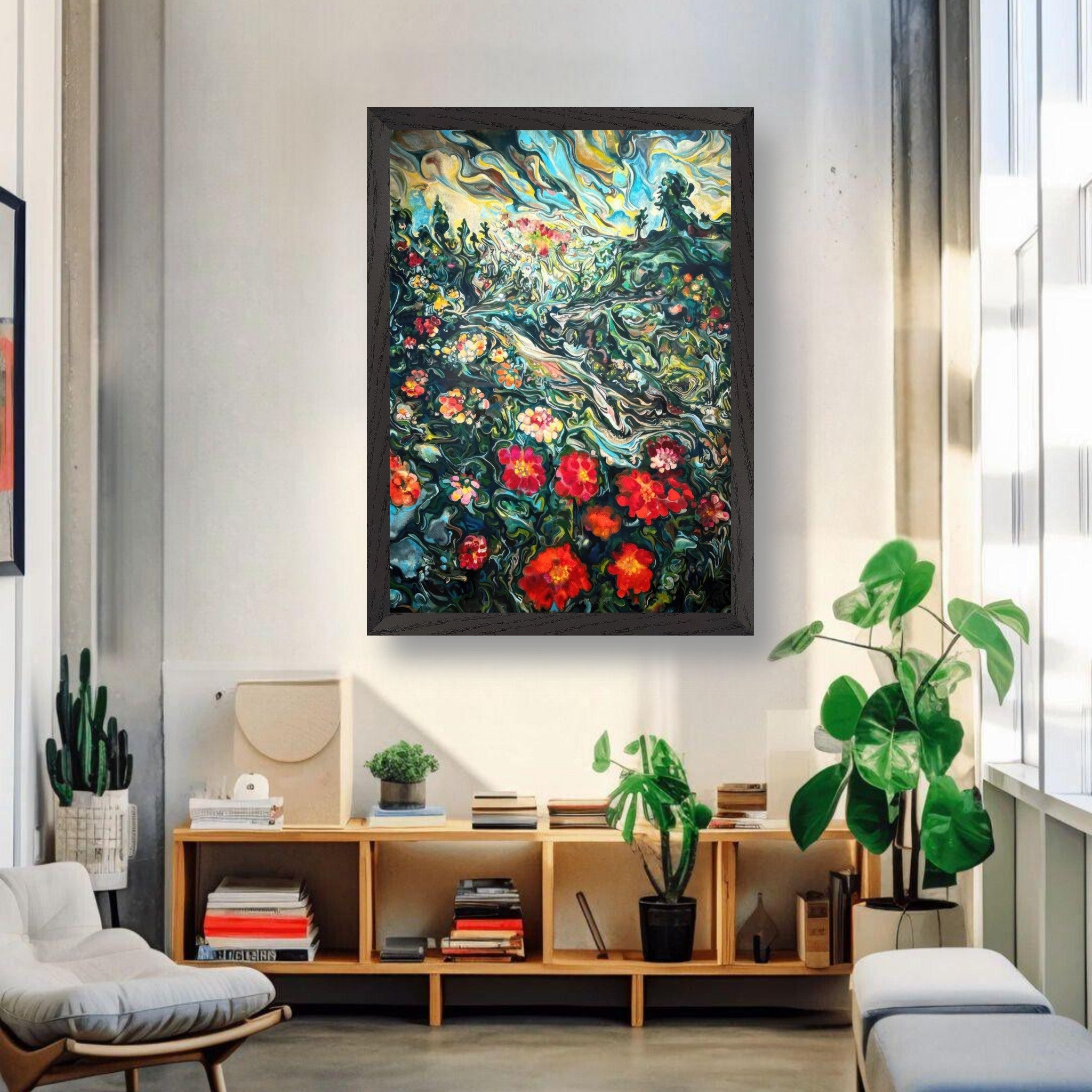 Abstract Floral Landscape Painting in vintage frame, showcasing vibrant colors in a stylish home setting.