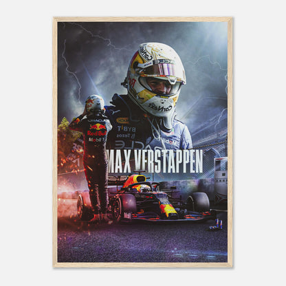 Max Verstappen RedBull Racing framed print showcasing vibrant artwork of the F1 superstar in action.