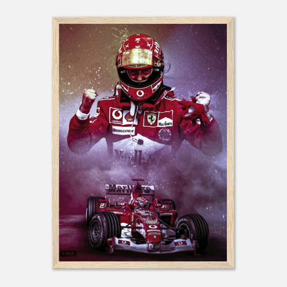 Michael Schumacher framed print showcasing his Ferrari F1 moments with vibrant colors and dynamic imagery.