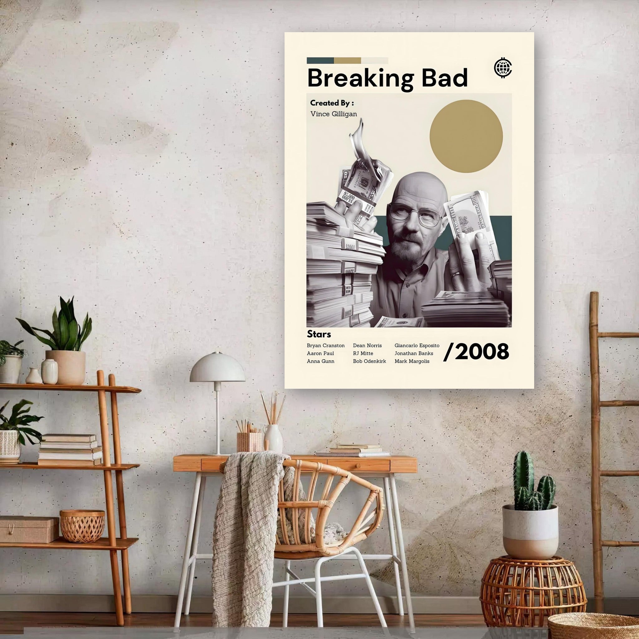 Breaking Bad poster featuring Walter White surrounded by money stacks, vintage design celebrating the iconic TV series.