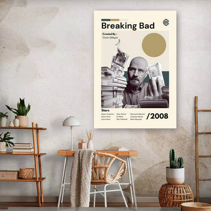 Breaking Bad poster featuring Walter White surrounded by money stacks, vintage design celebrating the iconic TV series.