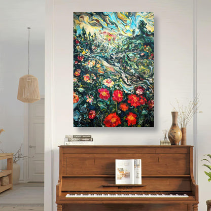 Abstract floral landscape painting metal print in a bright room above a wooden piano, featuring vibrant colors and dynamic brushstrokes.