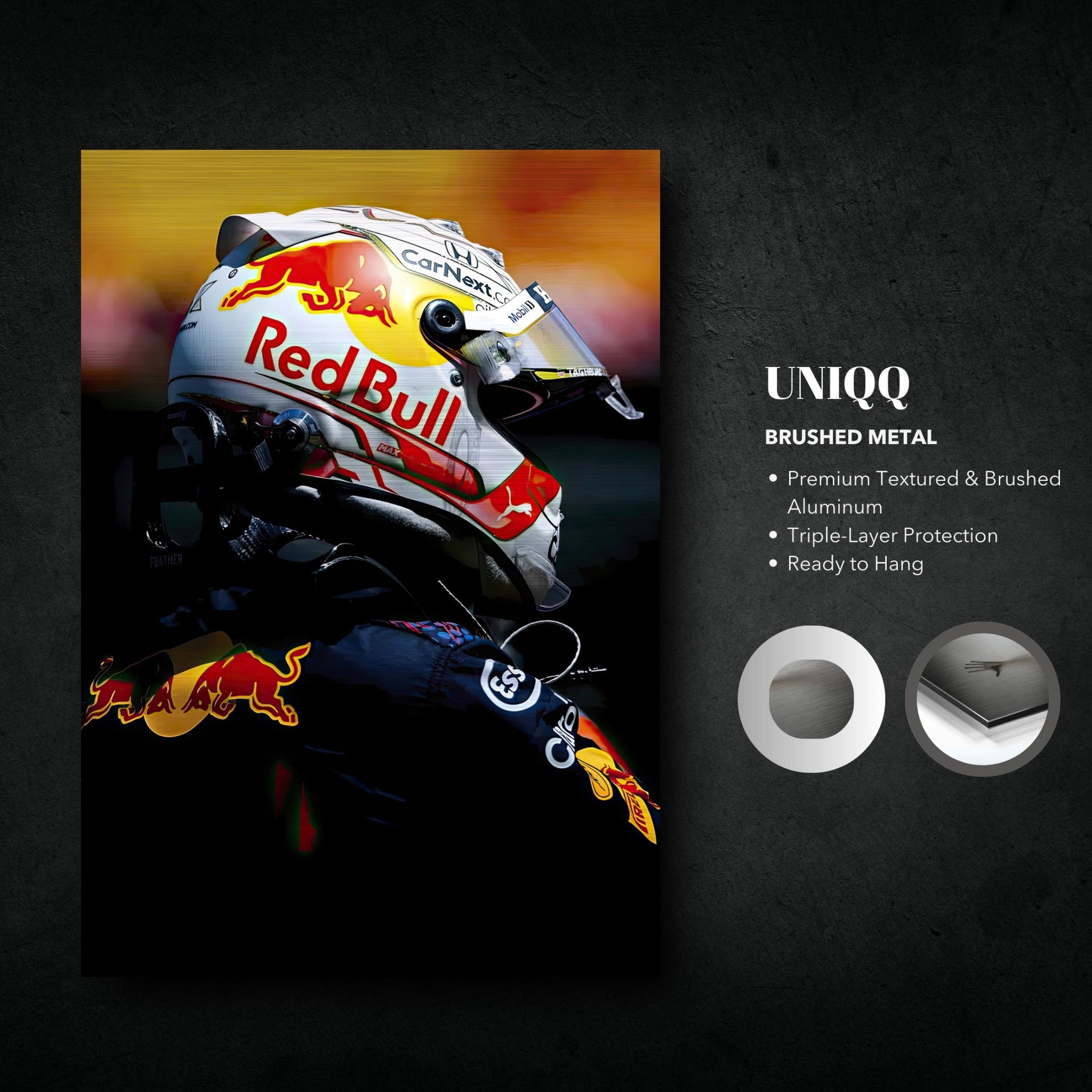 Max Verstappen brushed metal print in Red Bull Racing gear, showcasing premium quality and modern decor.