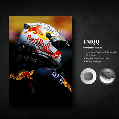 Max Verstappen brushed metal print in Red Bull Racing gear, showcasing premium quality and modern decor.