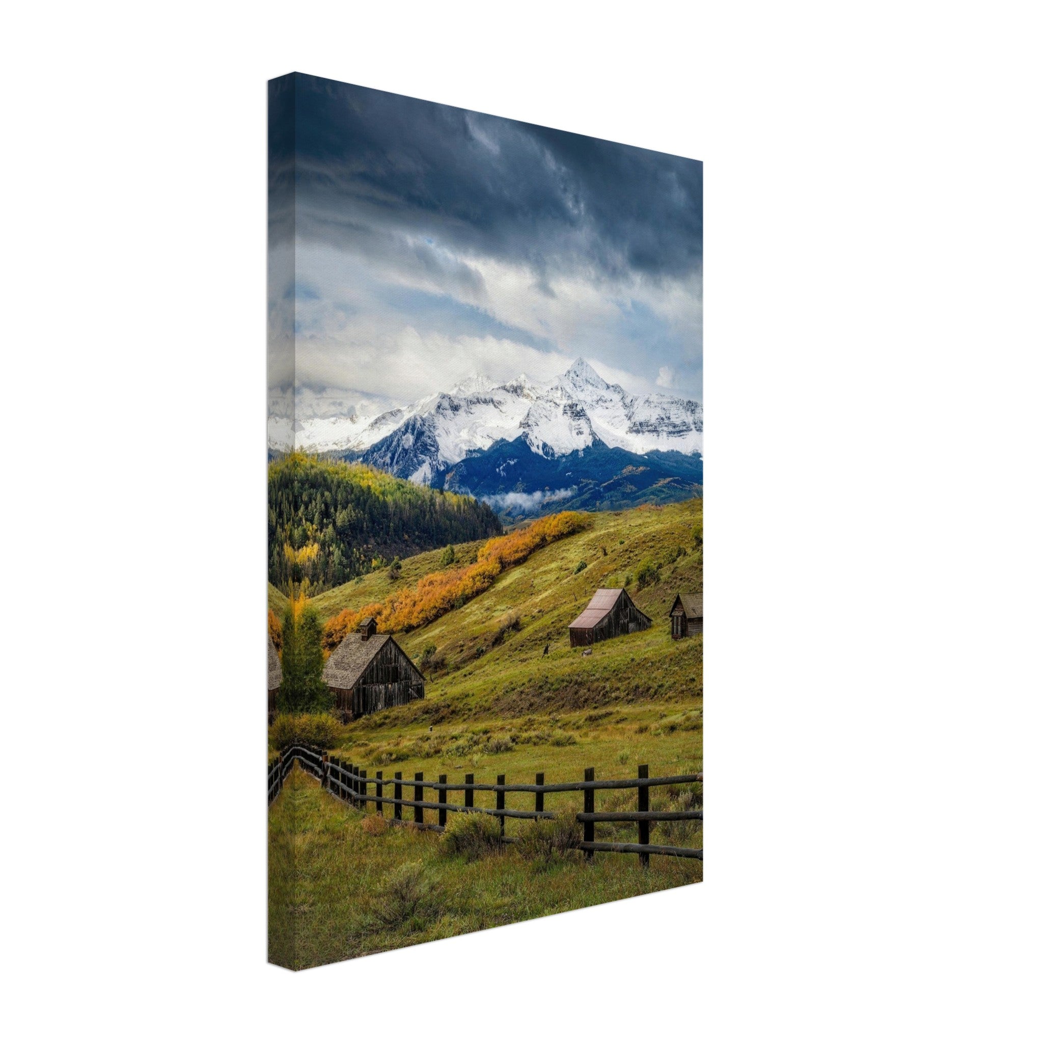 Telluride, Colorado canvas featuring rustic cabins, vibrant autumn colors, and snow-capped mountains in a serene landscape.