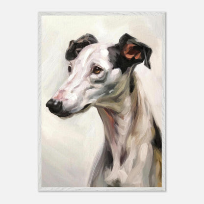 Greyhound dog painting with expressive details and soft colors in a vintage framed print.