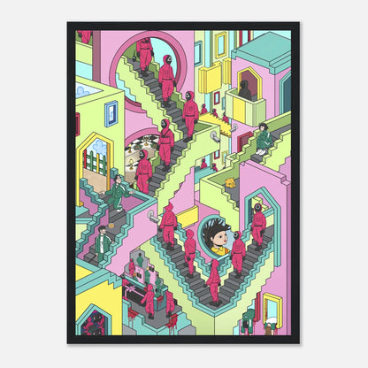 Squid Game Stairs framed print featuring a surreal, colorful staircase scene with faceless guards and intricate details.