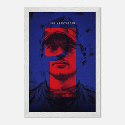 Max Verstappen framed fine art print featuring vibrant colors and dynamic design, perfect for Formula 1 enthusiasts.