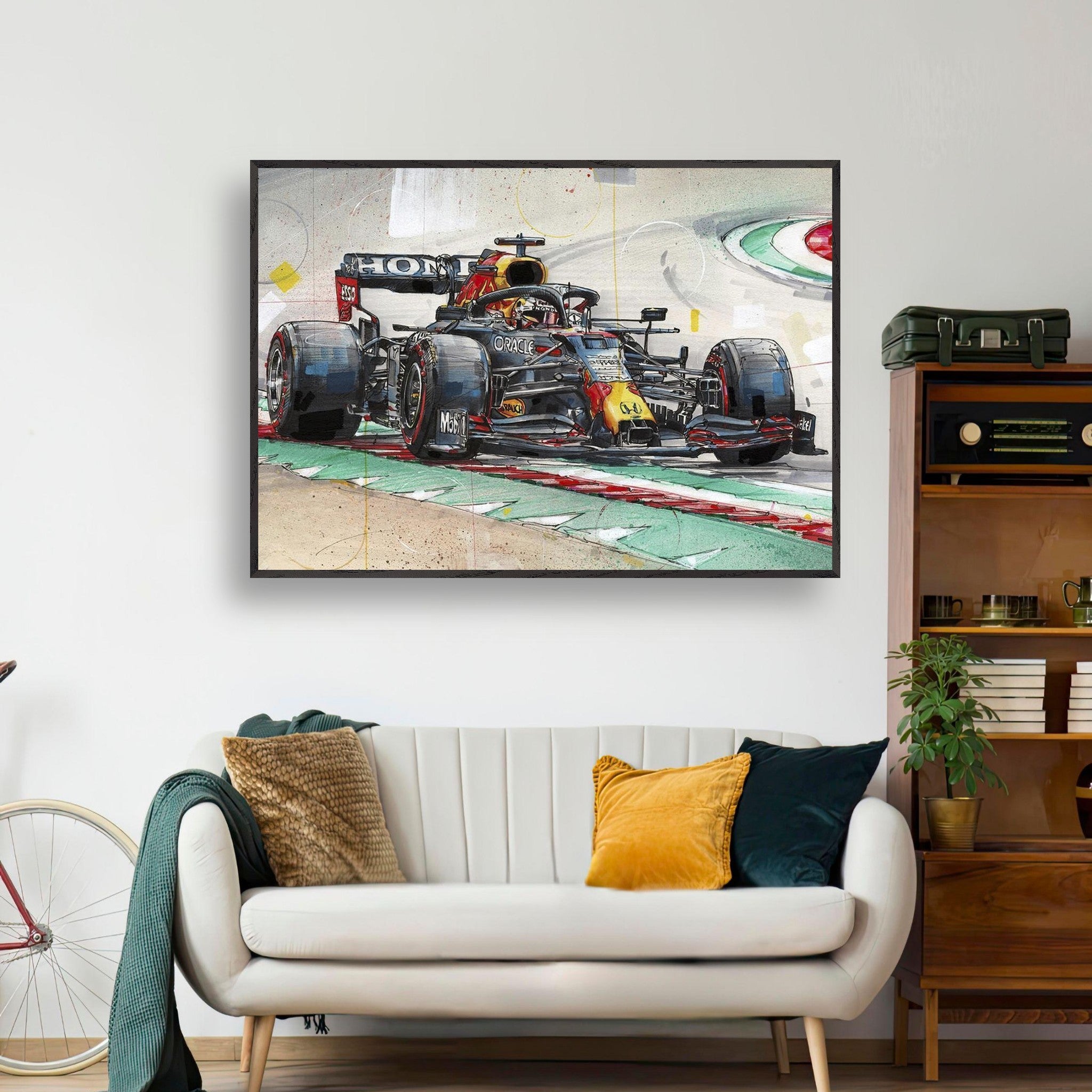 Framed fine art print of Max Verstappen racing his Red Bull car, showcasing vibrant colors and dynamic movement.