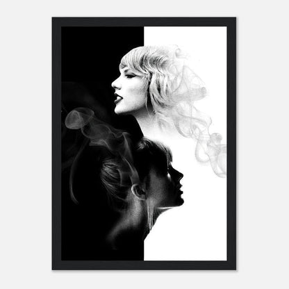 Elegant black and white framed print featuring dual portraits of Taylor Swift with artistic smoke elements.