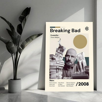 Breaking Bad tribute poster featuring Walter White with money stacks and modern design elements.