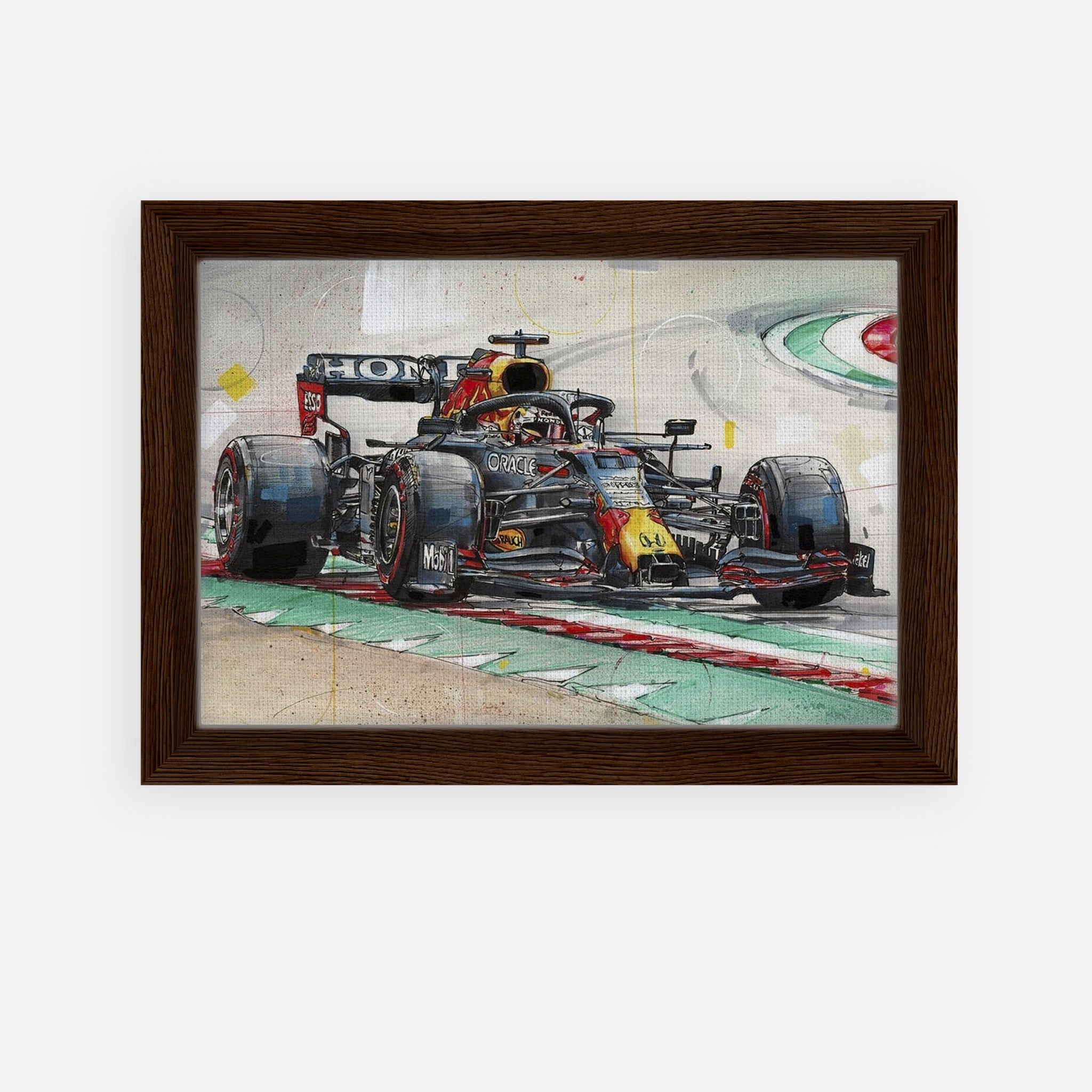 Framed canvas print of Max Verstappen racing in his Red Bull car, showcasing vibrant colors and dynamic action.