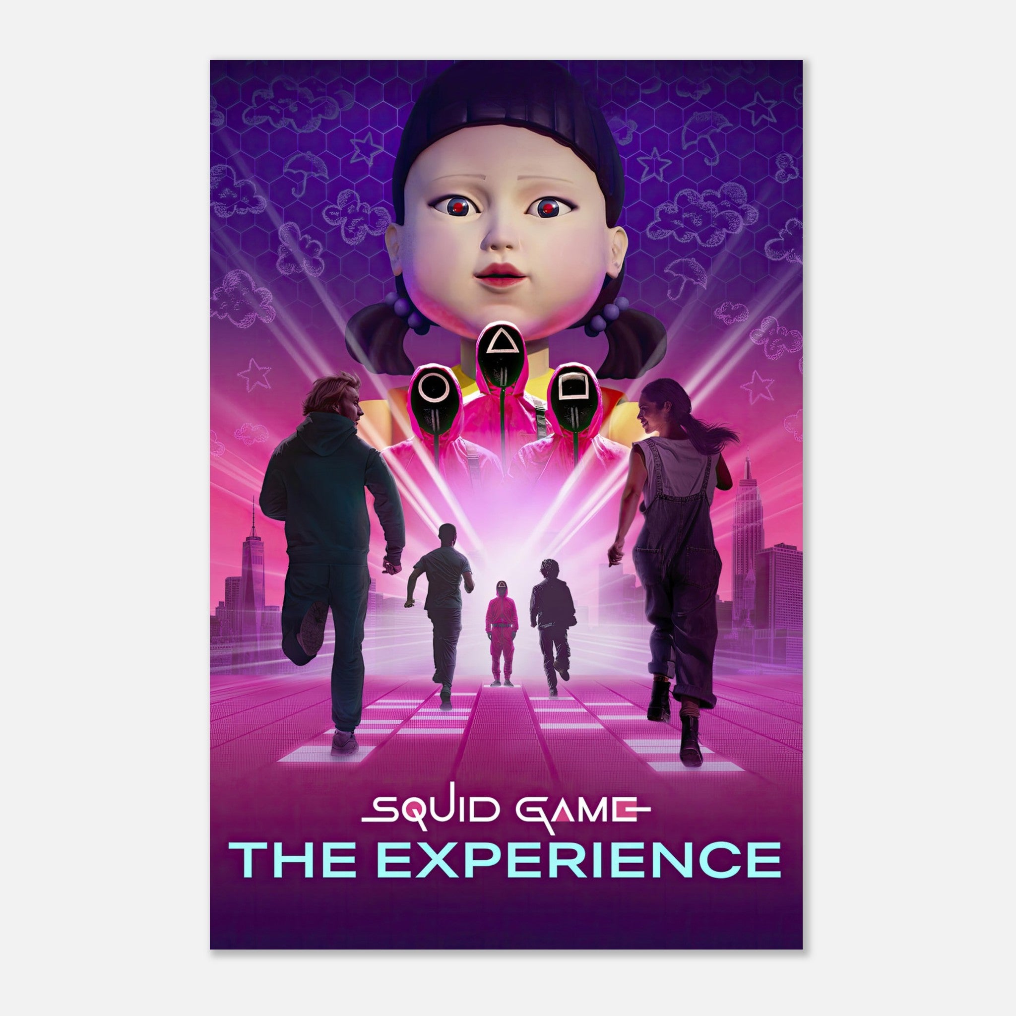 Squid Game The Experience poster featuring iconic characters and a dramatic scene with a large doll.