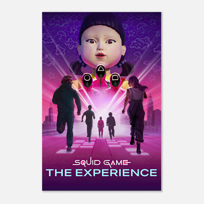 Squid Game The Experience poster featuring iconic characters and a dramatic scene with a large doll.