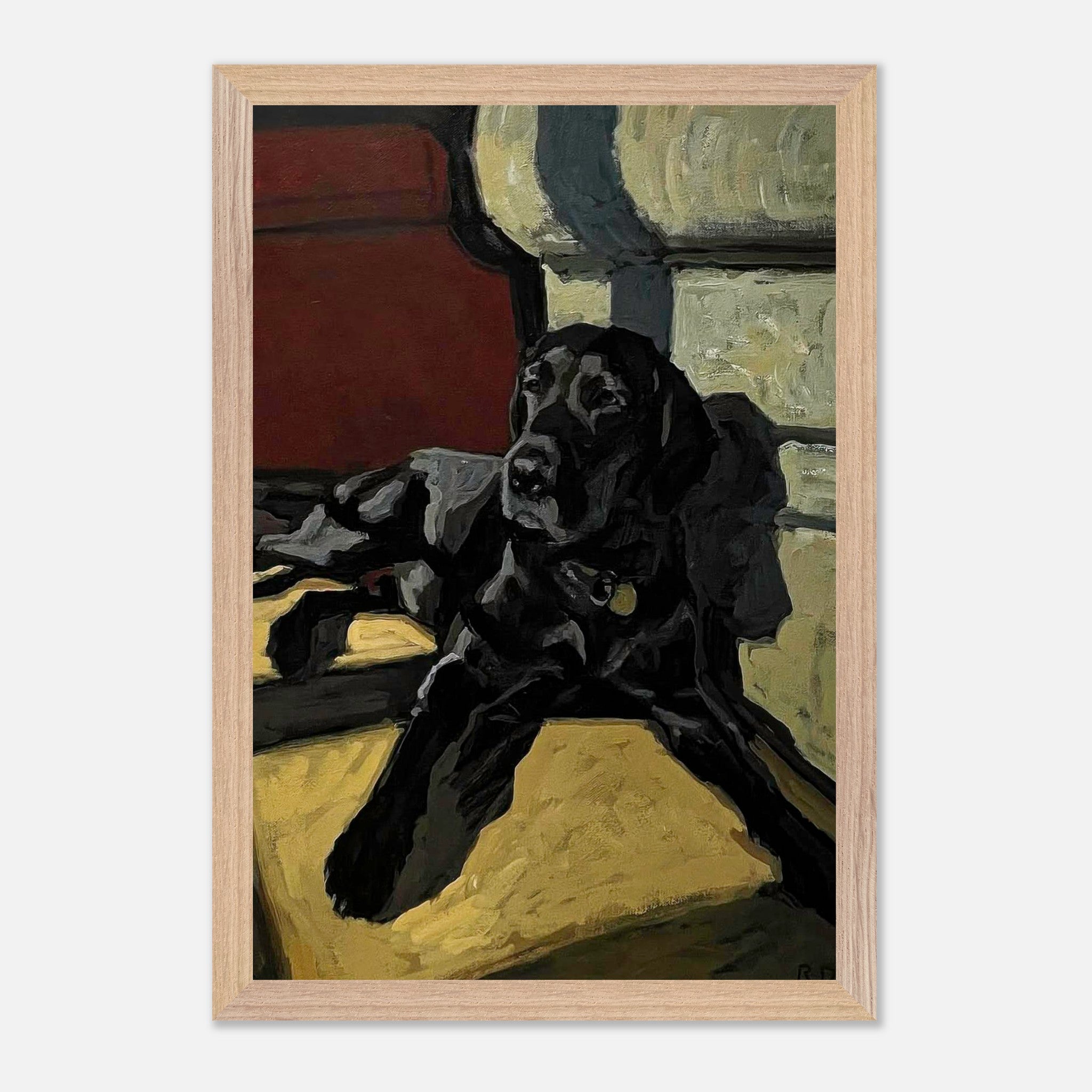 Black Labrador dog painting in museum quality, showcasing natural light and strong brushstrokes.