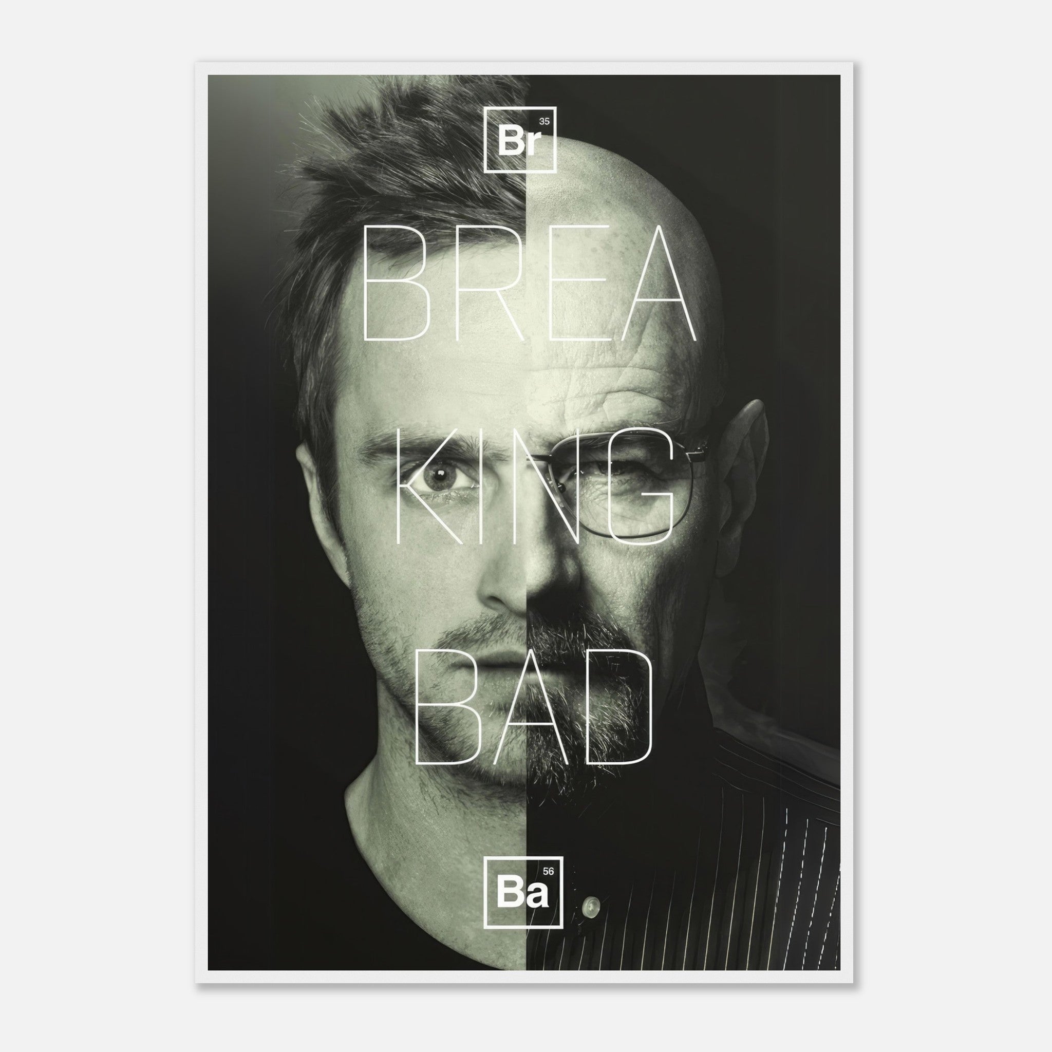 Jesse x Walter Breaking Bad framed print featuring a bold split-face design, perfect for fans and collectors.