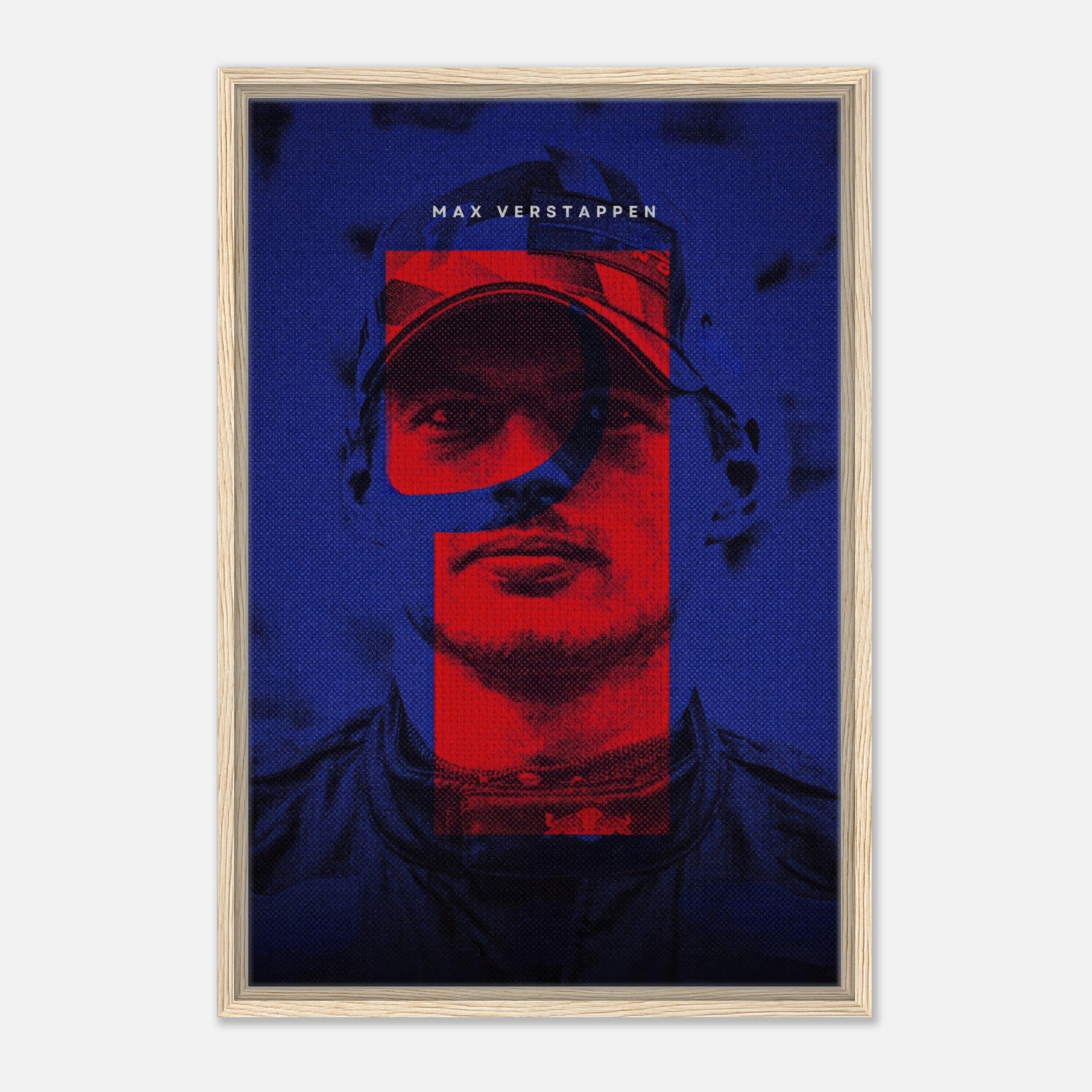 Max Verstappen framed canvas print featuring bold colors and dynamic design celebrating F1 racing.