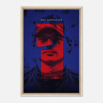 Max Verstappen framed canvas print featuring bold colors and dynamic design celebrating F1 racing.